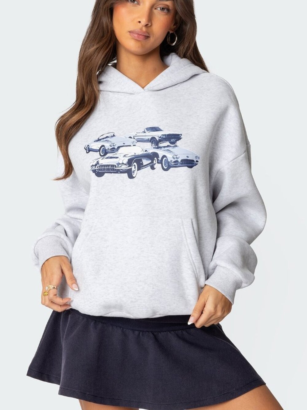 Edikted Gray Classic Car Graphic Fleece Hoodie Size S